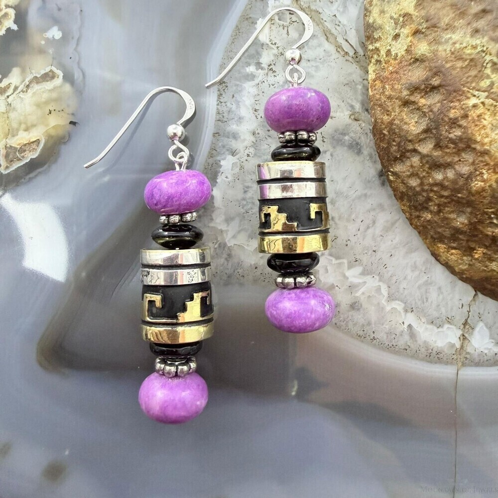 Tommy & Rosita Singer Sterling Silver Charoite & Onyx Beads Dangle Earrings
